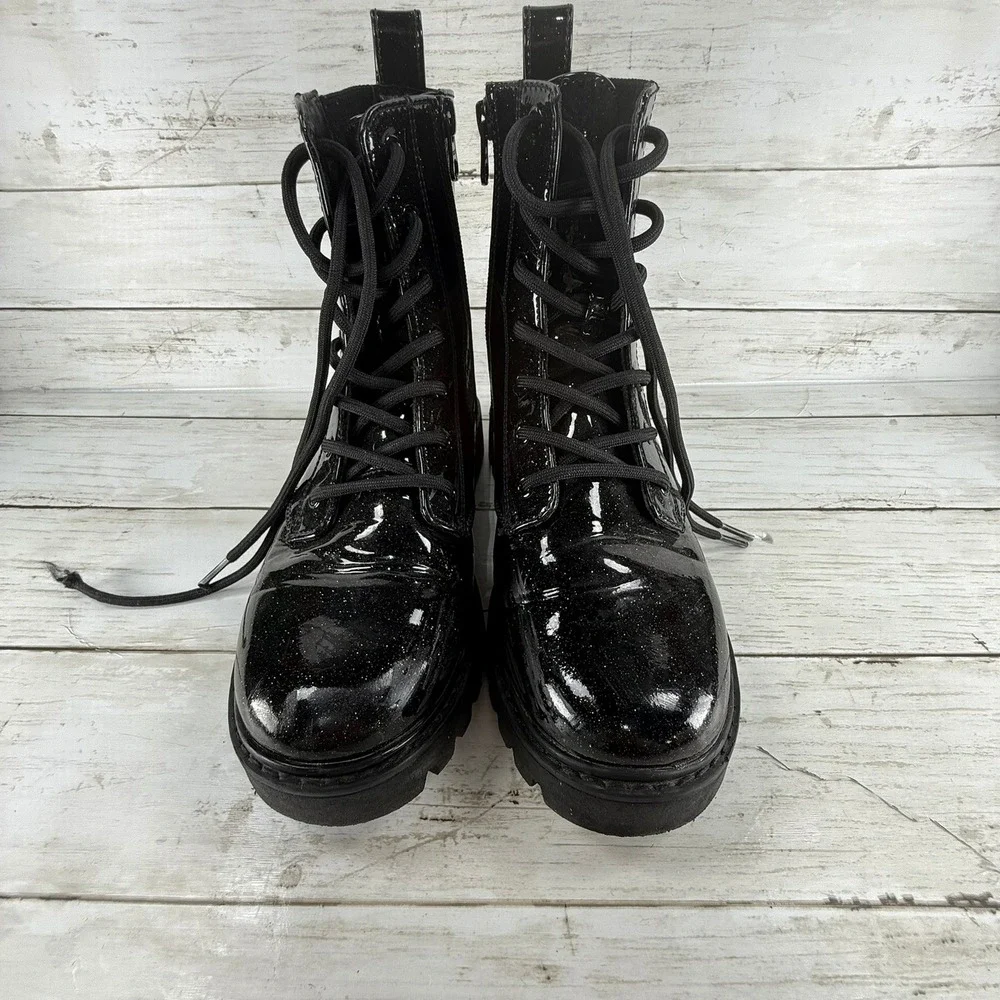 Kids Black Glitter‎ Patent Combat Boots Side Zip Lug Sole Size 4